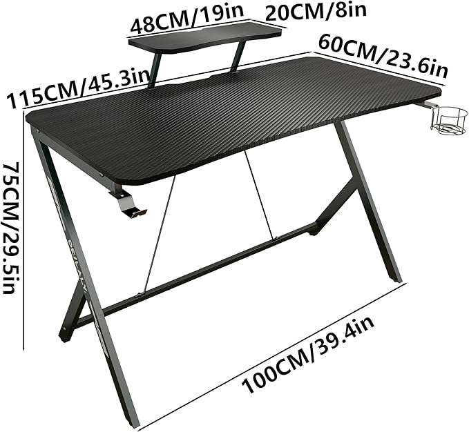 45IN Gaming Desk Gamer Table Carbon Fiber Surface Computer Table Gamer Desk with Monitor Shelf Office Home Study Desk Work PC Table Steel Legs Corner Desk Black - LeafyLoom
