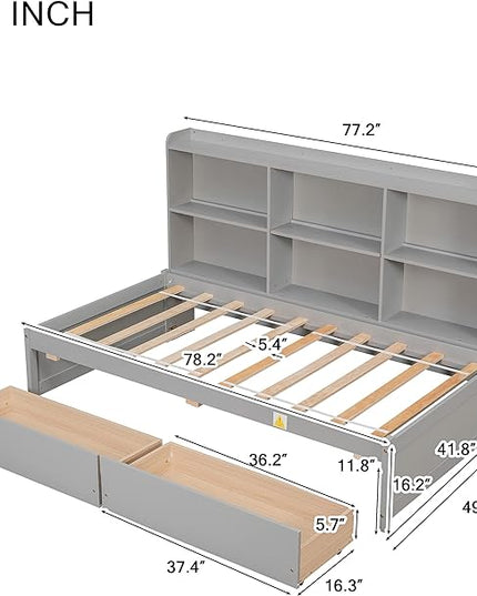 Twin Size Platform 2 Storage Drawers and Side Bookcase, Solid Wood Day Captain, Ideal Bed Frame for Bedroom, Living Room, Gray - LeafyLoom