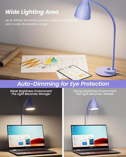 BOHON LED Desk Lamp with USB Charging Port, 3 Color Modes Fully Dimmable Reading Lamp, Auto Dimming Task Lamp, Flexible Gooseneck Table Light for Office Dorm Bedside, Adapter Include, Lilac Purple - LeafyLoom