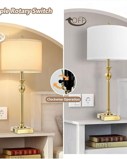 TOBUSA 28” Gold Table Lamps Set of 2, Tall Bedside lamps with Dual USB Charging Ports, Modern Nightstand Lamps with Square Brass Base and White Fabric Shade for Living Room, Bedroom(No E26 Bulbs) - LeafyLoom