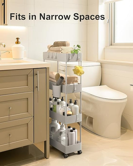 Pipishell Slim Storage Cart with Wheels, 4 Tier Bathroom Storage Organizer Rolling Utility Cart for Bathroom Kitchen Laundry Room Office Narrow Place (Gray) - LeafyLoom