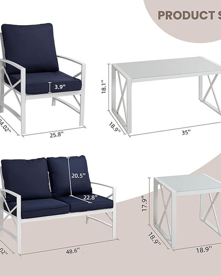 Shintenchi 5 Piece Outdoor Furniture Sets, White Metal Sofa Conversation Sets with Loveseat, Two Single Chairs and Two Coffee Tables for Backyard, Patio, Balcony, Poolside (Dark Blue) - LeafyLoom