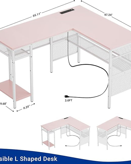Reversible L Shaped Gaming Desk, Large Corner Computer Desks with Power Outlets and USB Ports, Sturdy Home Office Table with Storage Shelf, Attractive Grid Design Writing Desk, Pink - LeafyLoom