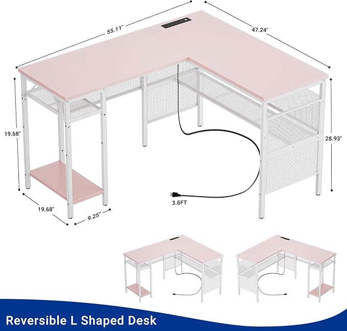 Reversible L Shaped Gaming Desk, Large Corner Computer Desks with Power Outlets and USB Ports, Sturdy Home Office Table with Storage Shelf, Attractive Grid Design Writing Desk, Pink - LeafyLoom