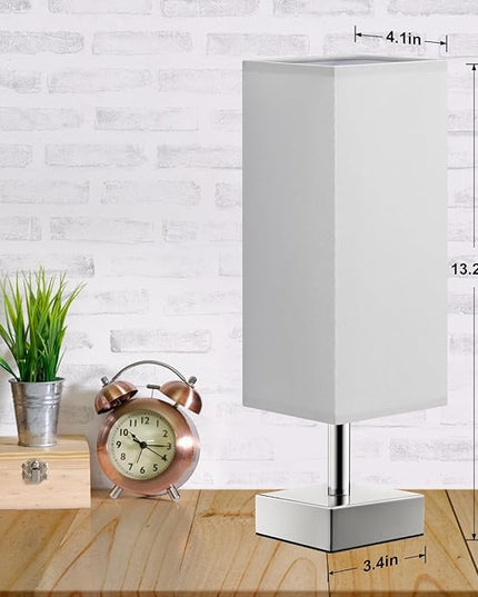 Grey Small Table Lamp for Bedroom - Bedside Lamps for Nightstand, Minimalist Night Stand Lamp with Square Fabric Shade, Desk Reading Lamp for Kids Room Living Room Office, Silver Base - LeafyLoom
