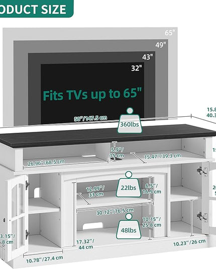 YITAHOME LED Farmhouse TV Stand for TV up to 65 Inch w/Outlets, Highboy Media Entertainment Center Console Table Adjustable Storage Shelves &Cabinet Glass Door for 400lbs for Living Room, White - LeafyLoom
