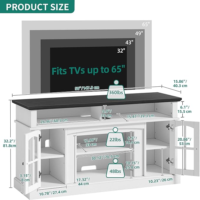 YITAHOME LED Farmhouse TV Stand for TV up to 65 Inch w/Outlets, Highboy Media Entertainment Center Console Table Adjustable Storage Shelves &Cabinet Glass Door for 400lbs for Living Room, White - LeafyLoom