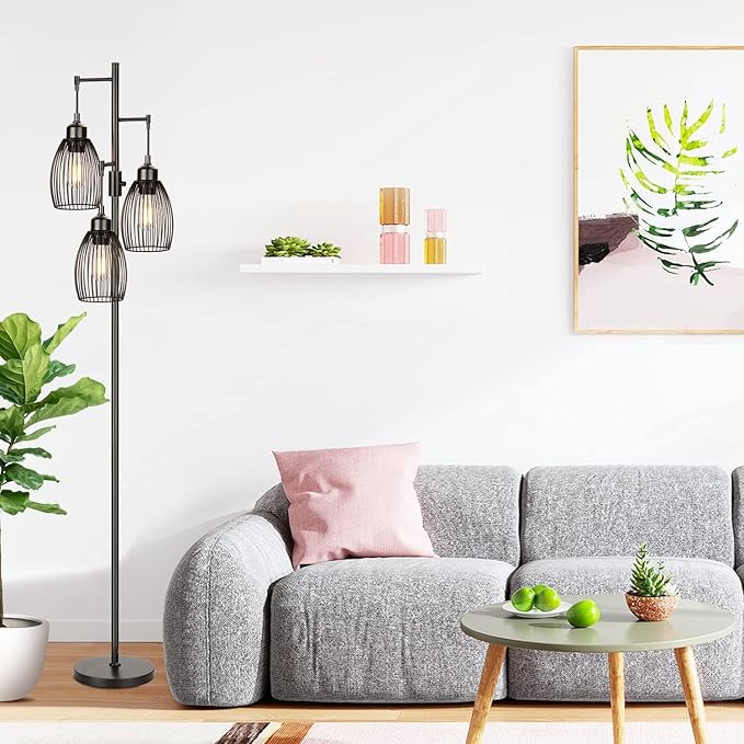 68’’ Dimmable Floor Lamp, 3 x 800LM LED Edison Bulbs Included, Industrial Floor Lamps for Living Room, Rustic Tall Lamps Standing Lamp for Bedrooms Living Room - LeafyLoom