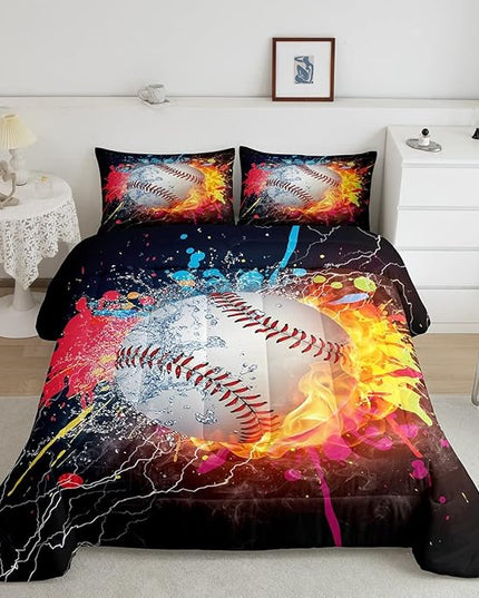 Baseball King Comforter Set For Boys,Tie Dye Baseball Sports Bedding Set Red Blue Fire Water Lightning Duvet Insert For All Season,Sports Baseball Quilt Soft Lightweight Bedroom Decor 2 Pillow Cases - LeafyLoom