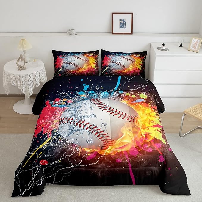 Baseball King Comforter Set For Boys,Tie Dye Baseball Sports Bedding Set Red Blue Fire Water Lightning Duvet Insert For All Season,Sports Baseball Quilt Soft Lightweight Bedroom Decor 2 Pillow Cases - LeafyLoom