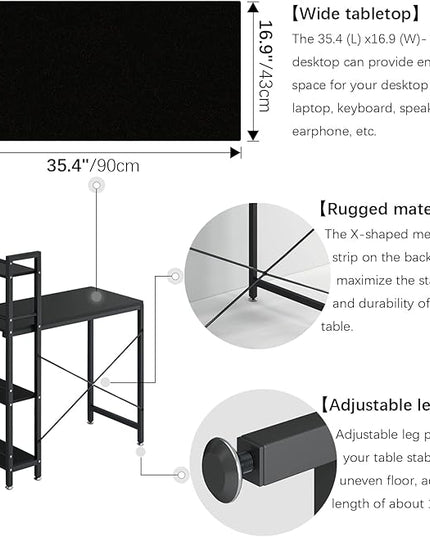 4NM 35" Small Computer Desk with 4-Tier Bookshelf, Home Office Desk Writing Workstation Study Table Multipurpose for Small Space Work - All Black - LeafyLoom