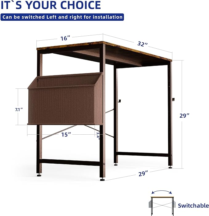 Pamray 32 Inch Computer Desk Small Spaces Desk with Storage Bag for Bedroom Writing and Home Office Work Small Study Desk Table Deep Brown - LeafyLoom