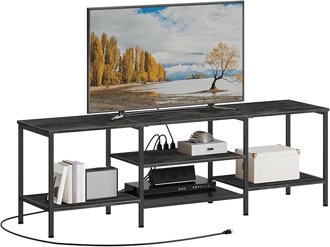 HOOBRO TV Stand with Power Outlets to 75 Inches, TV Console Table with Open Storage Shelves Cabinet, Industrial Media Entertainment Center for Living Room Bedroom, Charcoal Gray and Black BC60DS01 - LeafyLoom