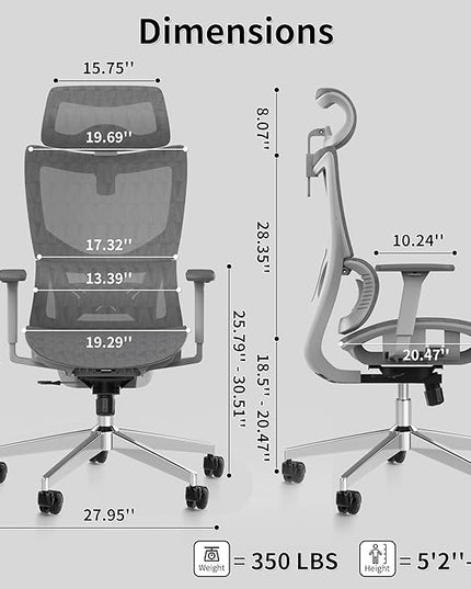 Ergonomic Office Chair with 3D Armrest, Big and Tall Computer Desk Chair with Adjustable Headrest, Seat Depth, Lumbar Support, Home Office Gaming Chair Light Grey - LeafyLoom