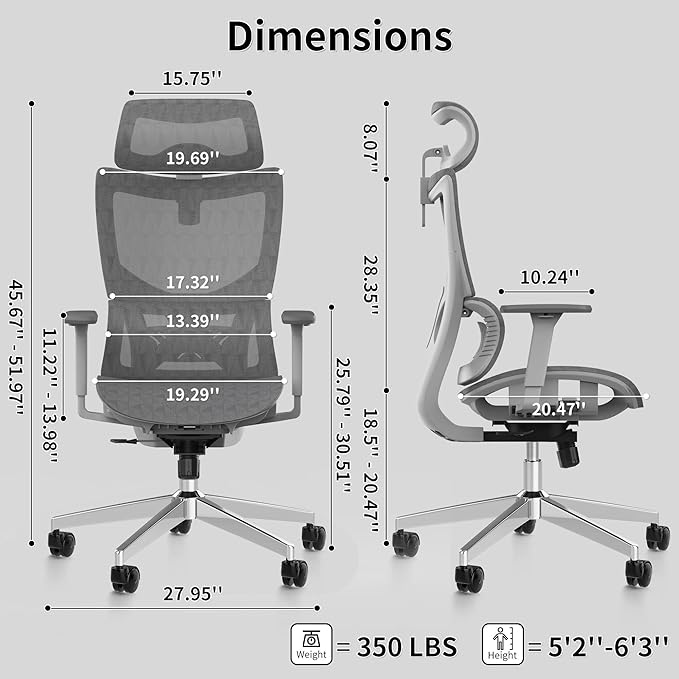 Ergonomic Office Chair with 3D Armrest, Big and Tall Computer Desk Chair with Adjustable Headrest, Seat Depth, Lumbar Support, Home Office Gaming Chair Light Grey - LeafyLoom