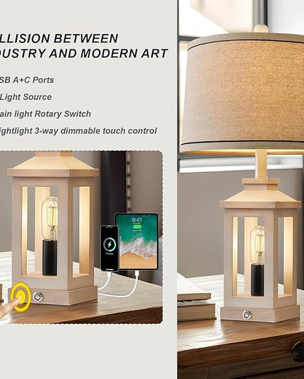 23.75" Retro Farmhouse USB C+A Ports Table Lamp Set of 2 with 3 Way Dimmable Touch Control White Nightlight Vintage Modern Lamp for Living Room Bedroom with 2 Light Sources - LeafyLoom
