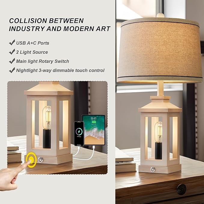 23.75" Retro Farmhouse USB C+A Ports Table Lamp Set of 2 with 3 Way Dimmable Touch Control White Nightlight Vintage Modern Lamp for Living Room Bedroom with 2 Light Sources - LeafyLoom