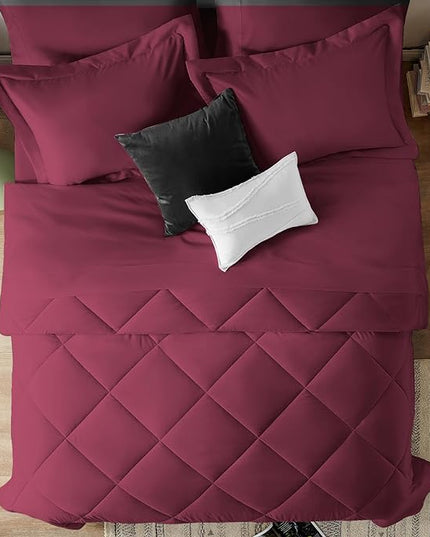 CozyLux Full Comforter Set with Sheets 7 Pieces Bed in a Bag Burgundy All Season Bedding Sets with Comforter, Pillow Shams, Flat Sheet, Fitted Sheet and Pillowcases, Red, Full - LeafyLoom
