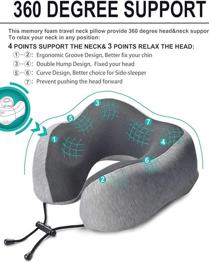 napfun Neck Pillow for Traveling, Travel Neck Pillow for Airplane 100% Pure Memory Foam Travel Pillow for Flight Headrest Sleep, Portable Plane Accessories, Light Grey Set - LeafyLoom