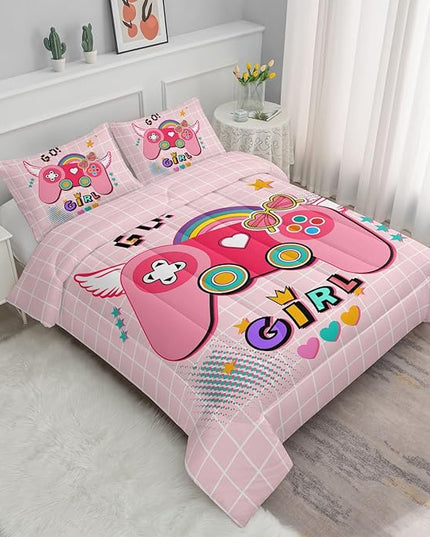 Datura home Bedding Comforter Set Pink Gamepad Printed Pattern Quilt with 1 and 2 Pillowcases for Girls Bedroom All Season(Pink Queen) Queen 90x90inches - LeafyLoom