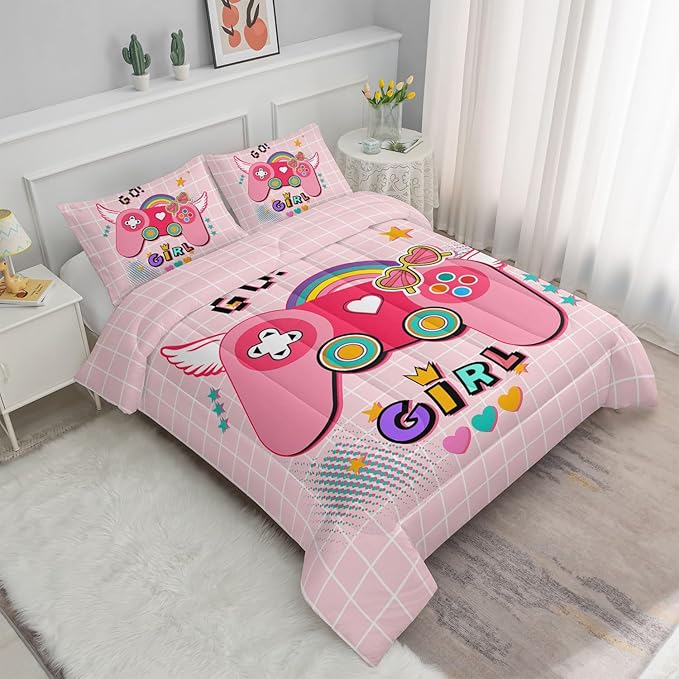 Datura home Bedding Comforter Set Pink Gamepad Printed Pattern Quilt with 1 and 2 Pillowcases for Girls Bedroom All Season(Pink Full) Full 80x90inches - LeafyLoom