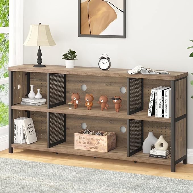 LVB Industrial Horizontal Bookshelf, 4 5 6 7 8 Cube Storage Organizer Bookcase, Modern Wide Large Book Shelf for Bedroom Living Room, Rustic Low Long Wood Metal Office Cubby Shelf, Rustic Oak, 63 Inch - LeafyLoom