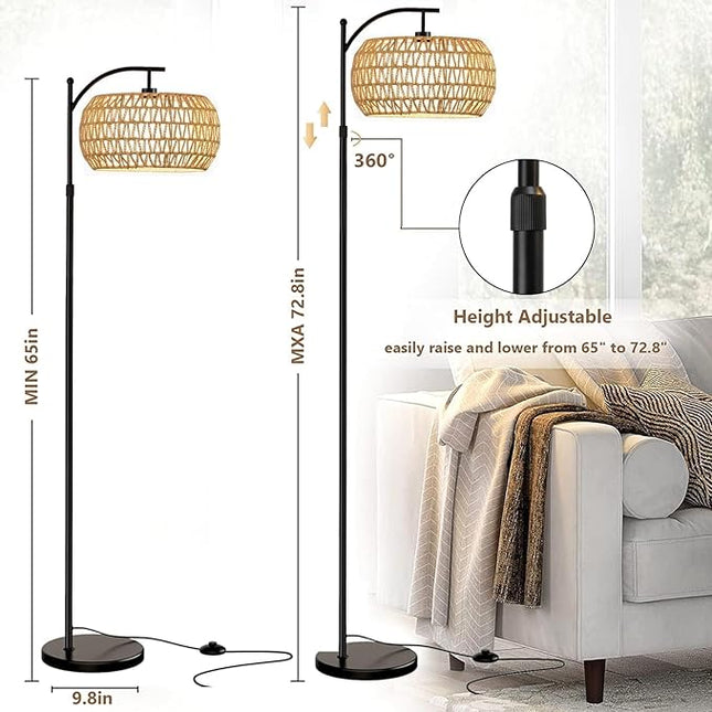 Floor Lamp for Living Room Bedroom Boho Rattan&Fabric Arc Standing Lamp with Remote Dimmable Black Farmhouse Wicker Bamboo Lamp Shade Floor Light Tall Lamp Industrial Floor Lamps Bohemian Decor - LeafyLoom