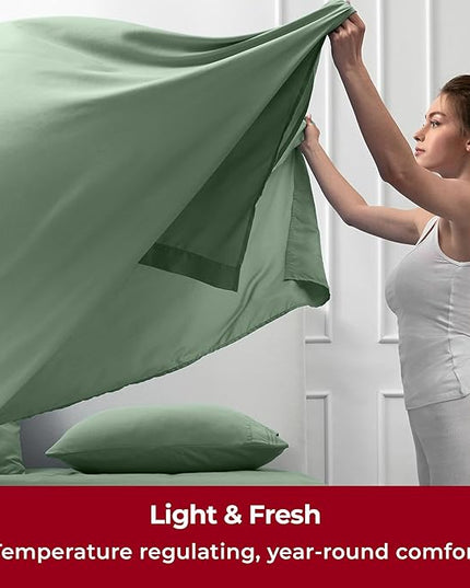 Mellanni Split King Sheets Set - 7 PC Iconic Collection Bedding Sheets & Pillowcases - Luxury, Ultra Soft, Cooling Bed Sheets - Deep Pocket up to 16 inch - 7 PC (Split King, Sage w/Extra Pillow Cases) - LeafyLoom
