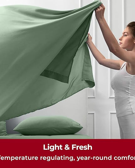 Mellanni King Sheets Set - 4 PC Iconic Collection Bedding Sheets & Pillowcases - Hotel Luxury, Extra Soft, Cooling Bed Sheets - Deep Pocket up to 16 inch (King, Sage) - LeafyLoom