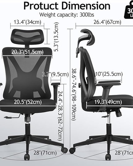 KERDOM Ergonomic Office Chair Desk Chair Comfortable Mesh Gaming Computer Swivel Rolling Chair, High Back Office Chair with Wheels, Headrest, 3D Armrest and Lumbar Support Home Office Desk Chair Black - LeafyLoom