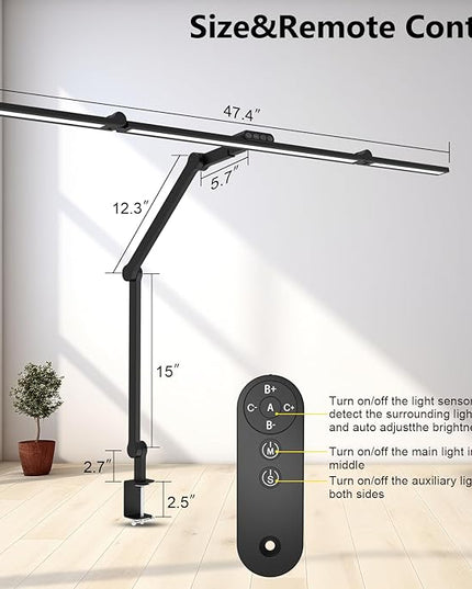 3000 Lumen Ultra Bright Architect Desk Lamp with Clamp, 36W Tall Overhead Led Desk Light for Home Office, 47Inch Long Dimmable Computer Monitor Light Bar with Remote for Table Desktop Drafting - LeafyLoom