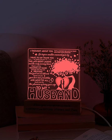 to My Husband Gifts from Wife LED Lamp, Romantic Valentines Gift 3D Illusion Lamp Wood Base USB Powered Acrylic Night Light, Husband Gifts, Fathers Day Presents for Him Husband - LeafyLoom