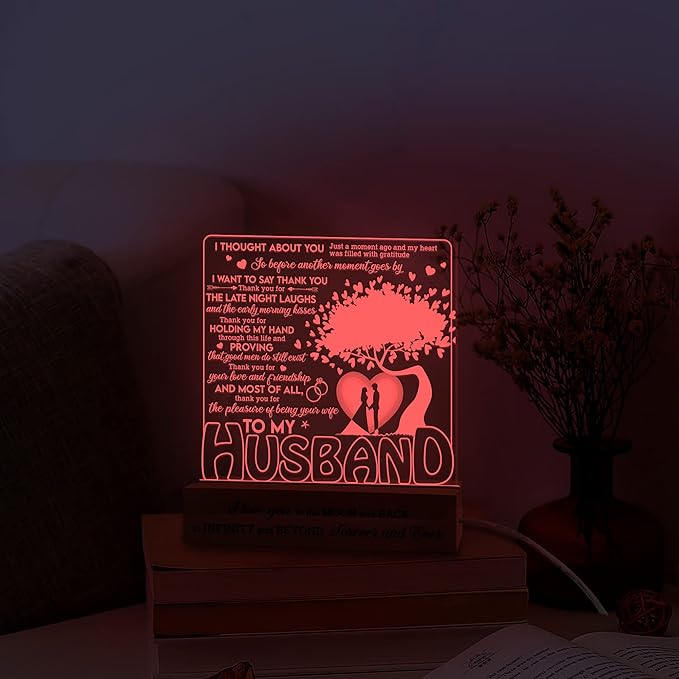 to My Husband Gifts from Wife LED Lamp, Romantic Valentines Gift 3D Illusion Lamp Wood Base USB Powered Acrylic Night Light, Husband Gifts, Fathers Day Presents for Him Husband - LeafyLoom