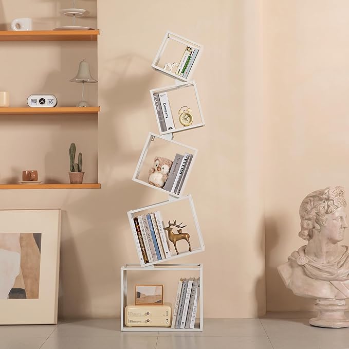 Bookshelf, 5-Tier Bookcase White, 67" Tall White Bookshelf, 5 Tier Bookshelf, Industrial Bookshelf, Modern Book Storage, Storage Shelves for CDs/Books/Home Decor, Display Shelf - LeafyLoom