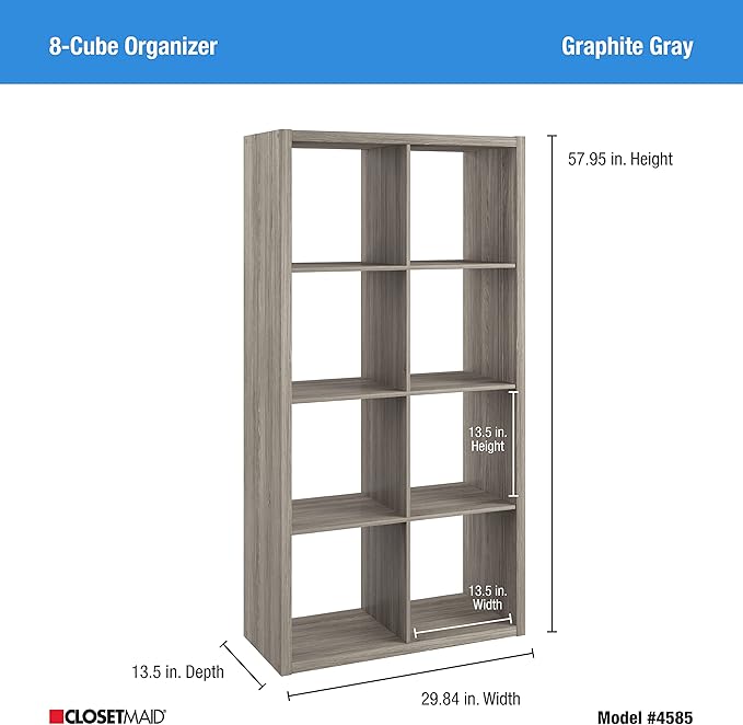 ClosetMaid 8 Cube Heavy Duty Wooden Decorative Bookcase Shelf Storage Organizer with Open Back for Home, Closet, Office, or Toys, Graphite Gray - LeafyLoom