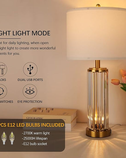 QiMH Gold Table Lamps for Bedroom Set of 2 with Nightlight, Modern Bedside Lamp with 2 USB Charging Port, Clear Nightstand Lamp for Living Room White Shade Home Light Decor(LED Bulbs Included) - LeafyLoom