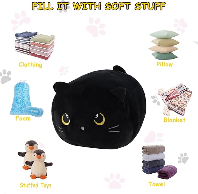 Stuffed Animal Storage Bean Bag Chair Cover for kids Cute Black Cat Large Beanbag Plush Toy Bedroom Décor Organizer Cover, No Beans - LeafyLoom