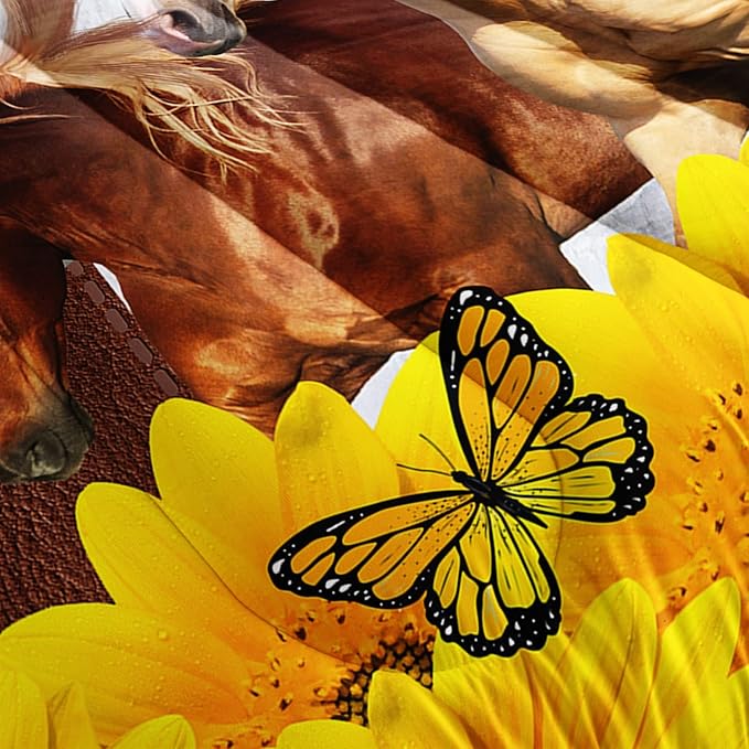Kid Galloping Horse Comforter Sunflower Butterfly Cowhide Horse Bedding Set for Boys Girls Adult, 1 Comforter + 2 Pillowcases - LeafyLoom