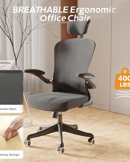 Ergonomic Office Chair Home Desk Office Chair with Flip-Armrest & Cushion for Lumbar Support, high Back Computer Chair with Thickened Cushion Desk Chairs Black - LeafyLoom