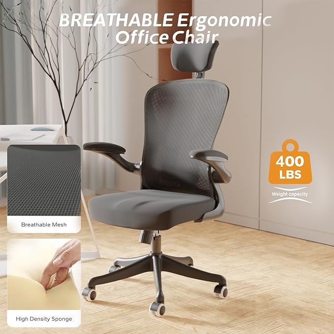 Ergonomic Office Chair Home Desk Office Chair with Flip-Armrest & Cushion for Lumbar Support, high Back Computer Chair with Thickened Cushion Desk Chairs Black - LeafyLoom