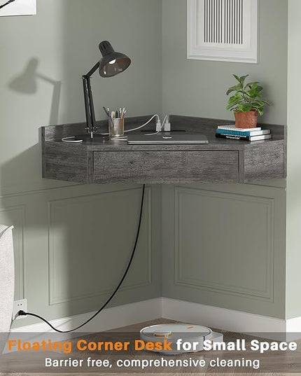 armocity Floating Corner Desk with Outlets & USB Ports, Wall-Mounted Corner Table for Small Space, Triangle Computer Desk with Drawer for Home Office, Vanity Desk, Corner Space, Bedroom, Gray - LeafyLoom