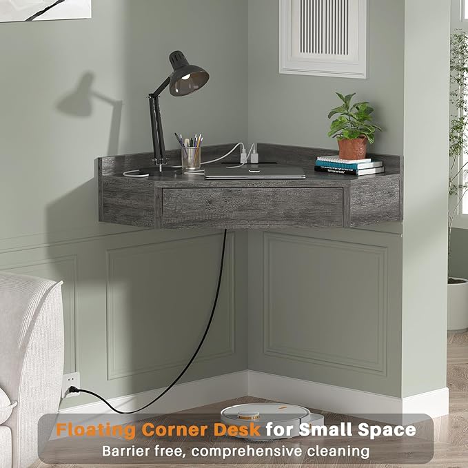 armocity Floating Corner Desk with Outlets & USB Ports, Wall-Mounted Corner Table for Small Space, Triangle Computer Desk with Drawer for Home Office, Vanity Desk, Corner Space, Bedroom, Gray - LeafyLoom