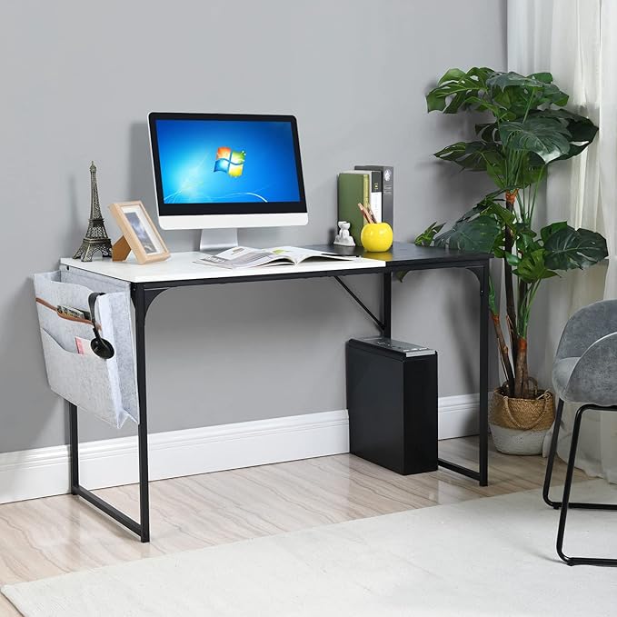 47 inch Study Storage Bag Space Saving for Home Office, Modern Simple Style PC Metal Frame Computer Desk, Writing Table, Black, White - LeafyLoom