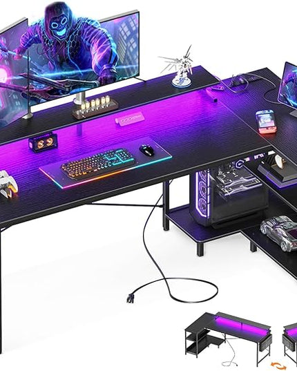 ODK 66 Inch Gaming Desk with USB Charging Ports and LED Lights, Reversible L Shaped Computer Desk with Storage Shelves & Monitor Stand, Corner Gamer Desk Table with Power Outlets, Black - LeafyLoom