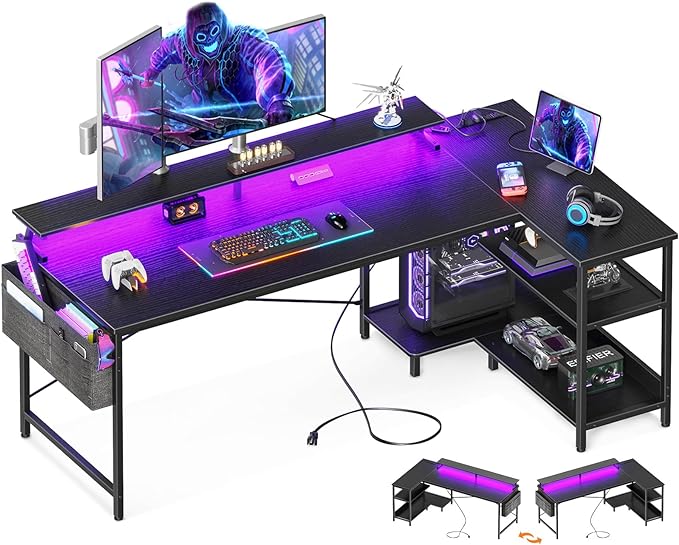 ODK 66 Inch Gaming Desk with USB Charging Ports and LED Lights, Reversible L Shaped Computer Desk with Storage Shelves & Monitor Stand, Corner Gamer Desk Table with Power Outlets, Black - LeafyLoom