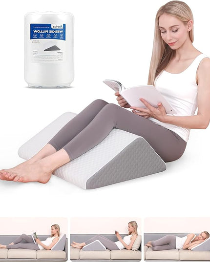 Forias Knee Wedge Pillow 8" Pure Memory Foam Bed Wedge Pillow for Sleeping After Surgery Triangle Pillow for Knee Support Leg Elevation Sciatica Knee Hip Back Pain Relief - Gray & White - LeafyLoom