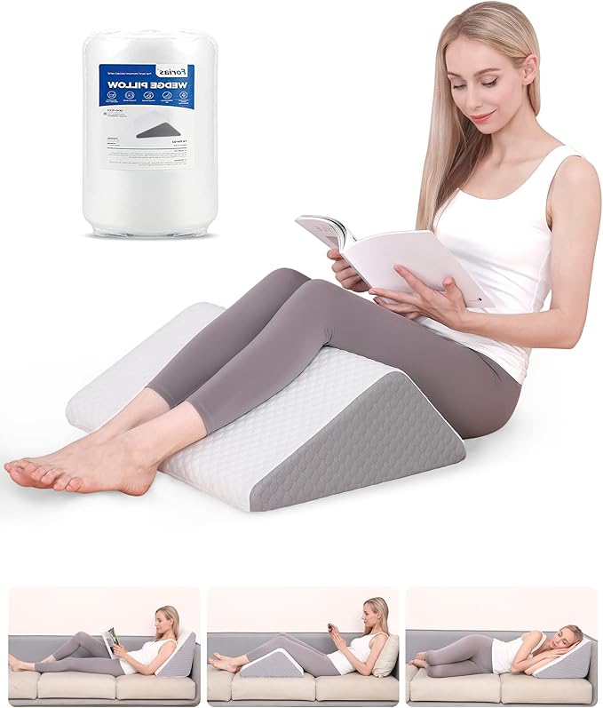 Forias Knee Wedge Pillow 8" Pure Memory Foam Bed Wedge Pillow for Sleeping After Surgery Triangle Pillow for Knee Support Leg Elevation Sciatica Knee Hip Back Pain Relief - Gray & White - LeafyLoom