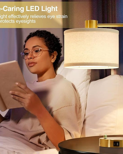 Luvkczc Table Lamp for Bedroom Set of 2 with USB C+A Ports, Fully Stepless Dimmable Bedside Lamp with Linen Lampshade, Nightstand Lamp for Living Room Reading Office, 2 LED Bulbs Included (Gold) - LeafyLoom