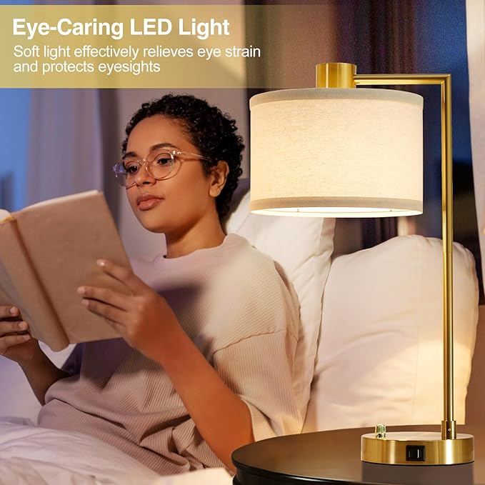 Luvkczc Table Lamp for Bedroom Set of 2 with USB C+A Ports, Fully Stepless Dimmable Bedside Lamp with Linen Lampshade, Nightstand Lamp for Living Room Reading Office, 2 LED Bulbs Included (Gold) - LeafyLoom