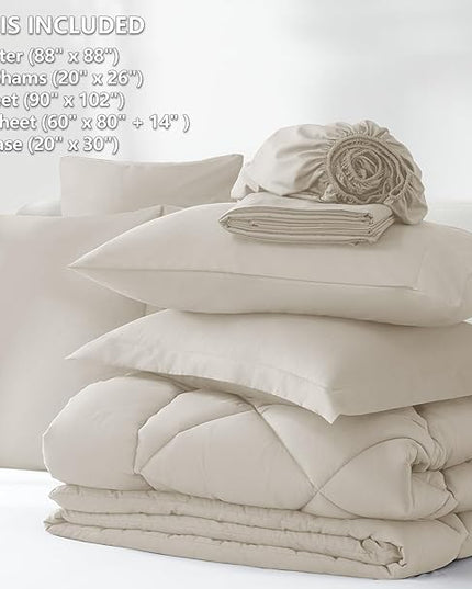 CozyLux Queen Bed in a Bag 7-Pieces Comforter Sets with Comforter and Sheets Beige All Season Bedding Sets with Comforter, Pillow Shams, Flat Sheet, Fitted Sheet and Pillowcases - LeafyLoom